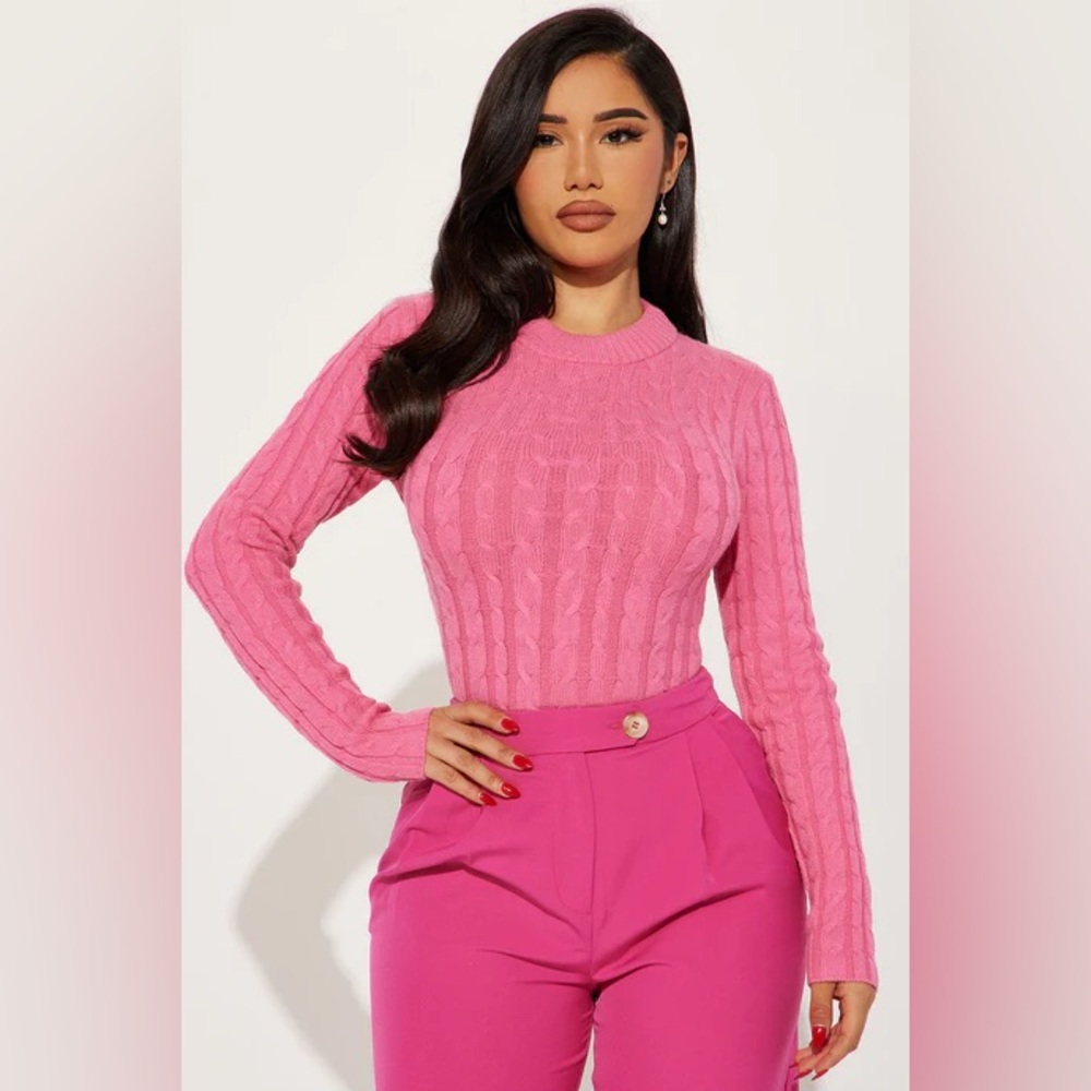 Fashion Nova Aarna Cable Knit Sweater - Pink Open Back Crewneck